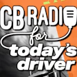 CB Radio promotional graphic with white text on orange background featuring person holding microphone