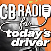 CB Radio promotional graphic with white text on orange background featuring person holding microphone