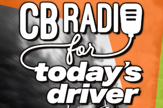 CB Radio promotional graphic with white text on orange background featuring person holding microphone