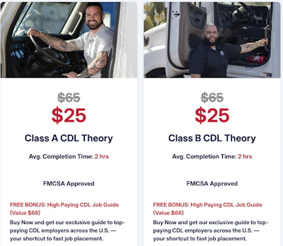 Two CDL theory course promotional cards offering Class A and Class B licenses at $25 each with 2-hour completion times and free job guide bonus