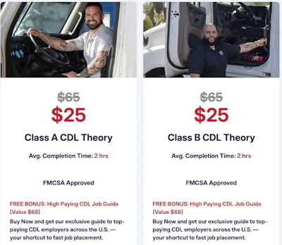 Two CDL theory course promotional cards offering Class A and Class B licenses at $25 each with 2-hour completion times and free job guide bonus