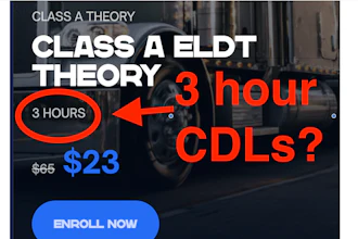 Class A ELDT theory course promotion offering 3-hour CDLs training for $23, reduced from $65, with enroll button