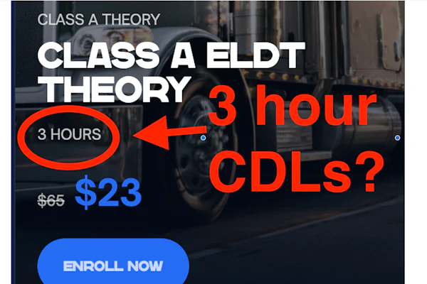 Class A ELDT theory course promotion offering 3-hour CDLs training for $23, reduced from $65, with enroll button