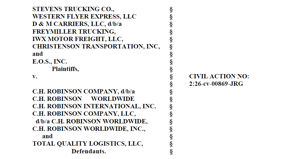 Civil court case header listing plaintiffs including Stevens Trucking Co. and defendants including C.H. Robinson Company with case number 2:26-cv-00869-JRG