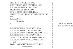 Civil court case header listing plaintiffs including Stevens Trucking Co. and defendants including C.H. Robinson Company with case number 2:26-cv-00869-JRG