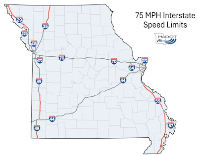 Missouri map showing Interstate highways with 75 MPH speed limits marked in red, including I-29, I-35, I-44, I-49, I-55, I-57, and I-70