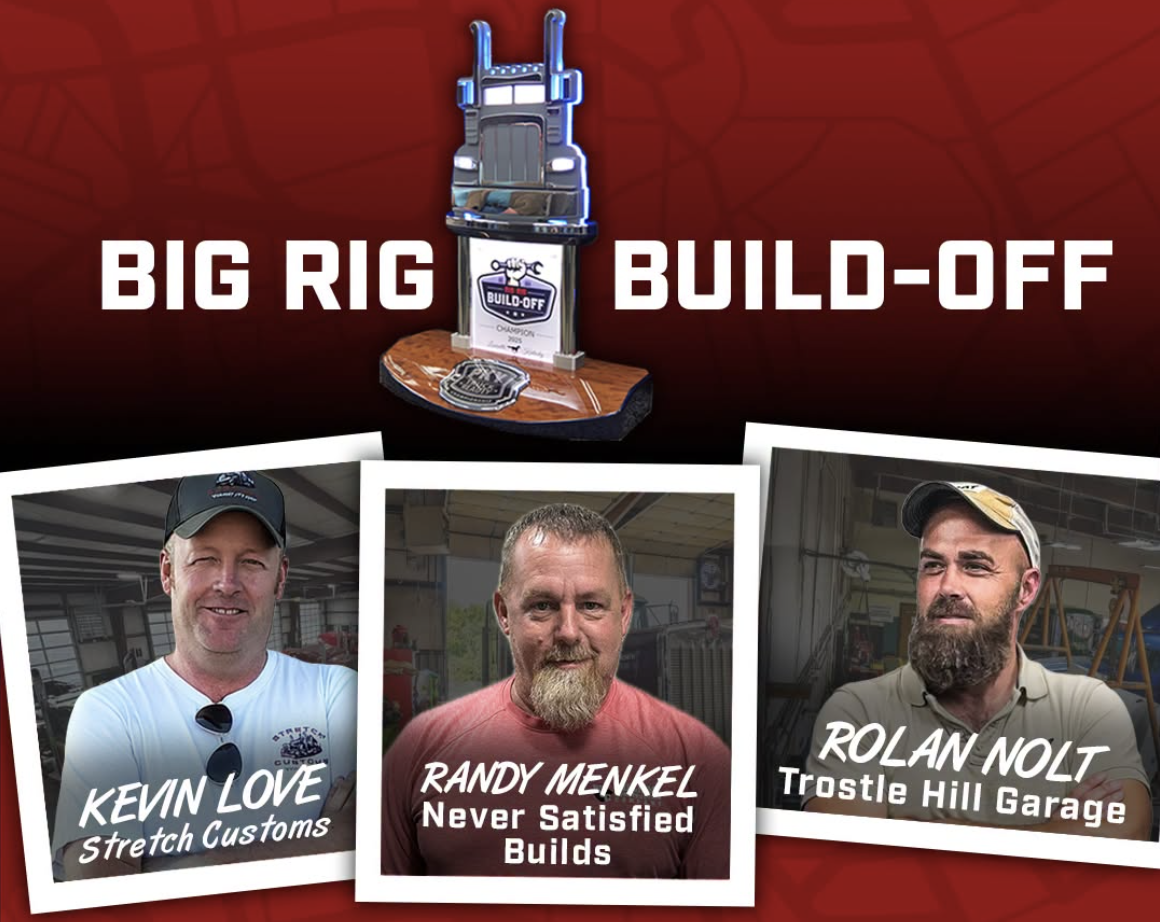 Big Rig Build-Off event poster featuring truck trophy and three builders: Kevin Love, Randy Menkel, and Rolan Nolt