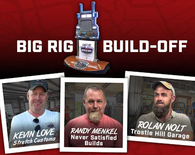 Big Rig Build-Off event poster featuring truck trophy and three builders: Kevin Love, Randy Menkel, and Rolan Nolt