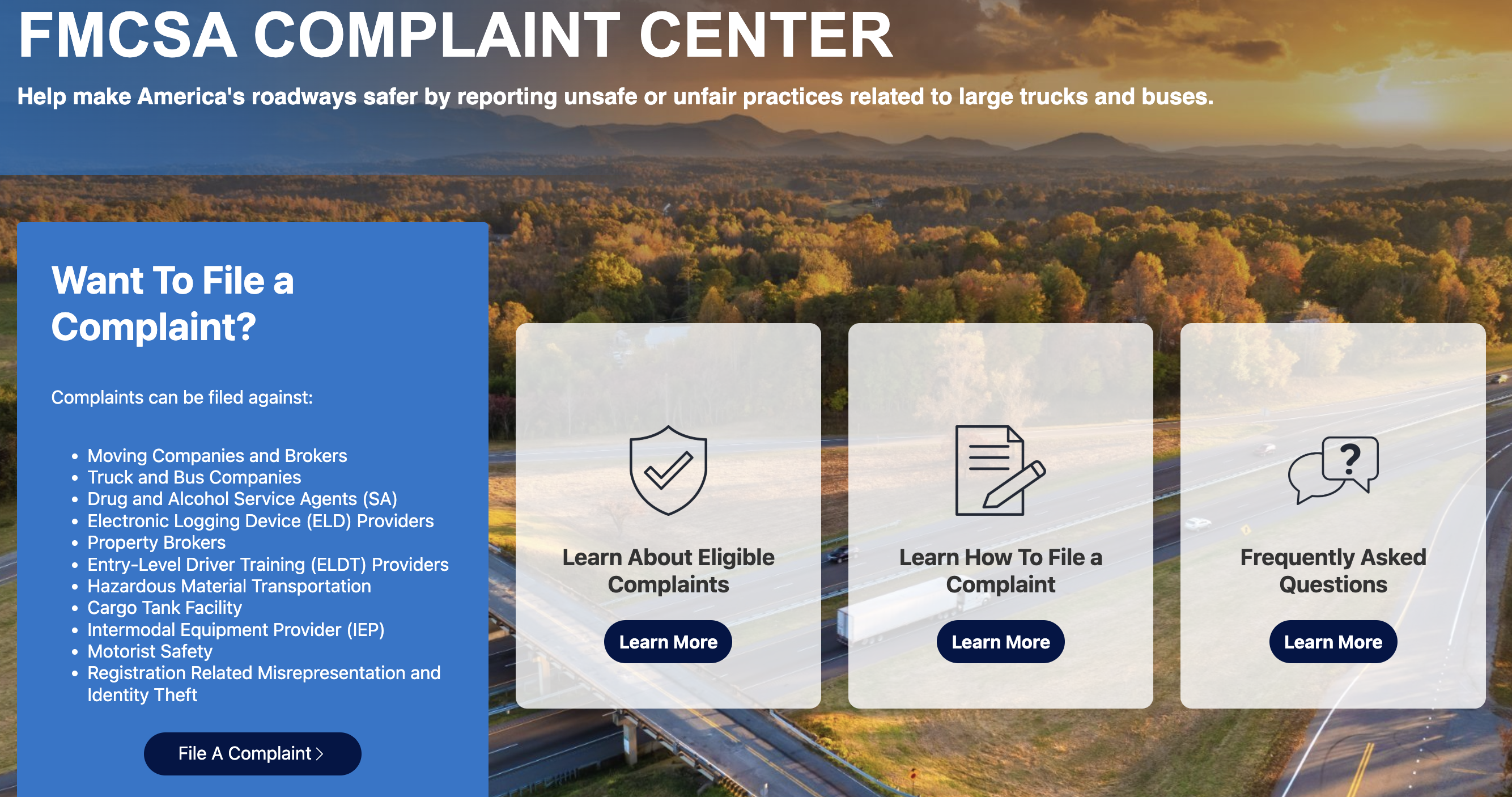 FMCSA Complaint Center webpage with options to file complaints, learn about eligible complaints, and access FAQs about truck and bus safety reporting.
