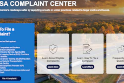FMCSA Complaint Center webpage with options to file complaints, learn about eligible complaints, and access FAQs about truck and bus safety reporting.