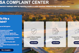 FMCSA Complaint Center webpage with options to file complaints, learn about eligible complaints, and access FAQs about truck and bus safety reporting.