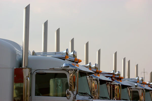 Fleet of semi-trucks lined up showing chrome exhaust stacks and cab designs against overcast sky