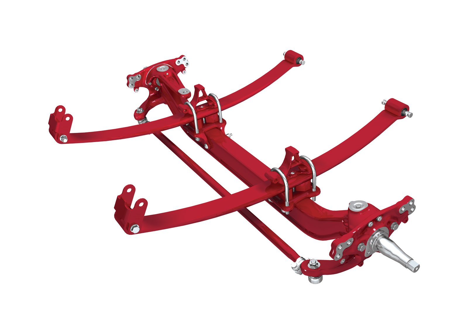 Red three-link rear suspension system with adjustable arms and mounting brackets for automotive applications