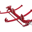 Red three-link rear suspension system with adjustable arms and mounting brackets for automotive applications