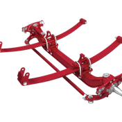 Red three-link rear suspension system with adjustable arms and mounting brackets for automotive applications