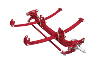 Red three-link rear suspension system with adjustable arms and mounting brackets for automotive applications
