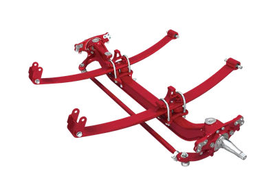 Red three-link rear suspension system with adjustable arms and mounting brackets for automotive applications