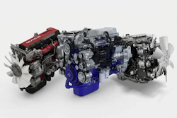 Collection of Volvo diesel and gasoline engines displayed in various configurations with red, blue, and silver finishes