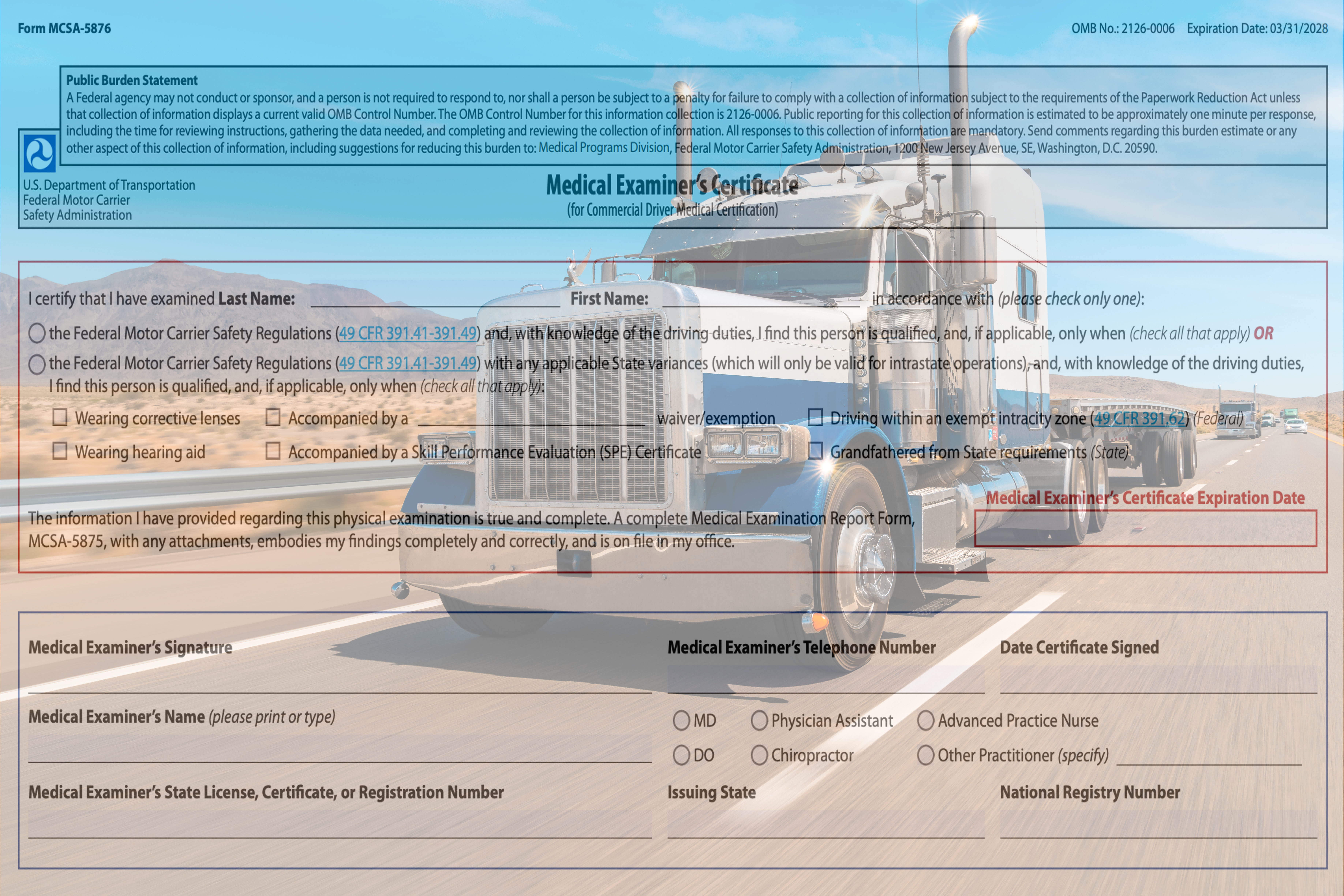 MCSA-5876 Medical Examiner's Certificate form with DOT Safety Administration header and signature fields