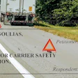 Legal case document overlay showing Kostas Giannoulias v. Federal Motor Carrier Safety Administration with highway traffic scene and warning triangles