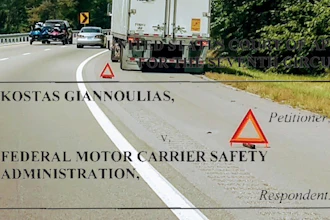 Legal case document overlay showing Kostas Giannoulias v. Federal Motor Carrier Safety Administration with highway traffic scene and warning triangles
