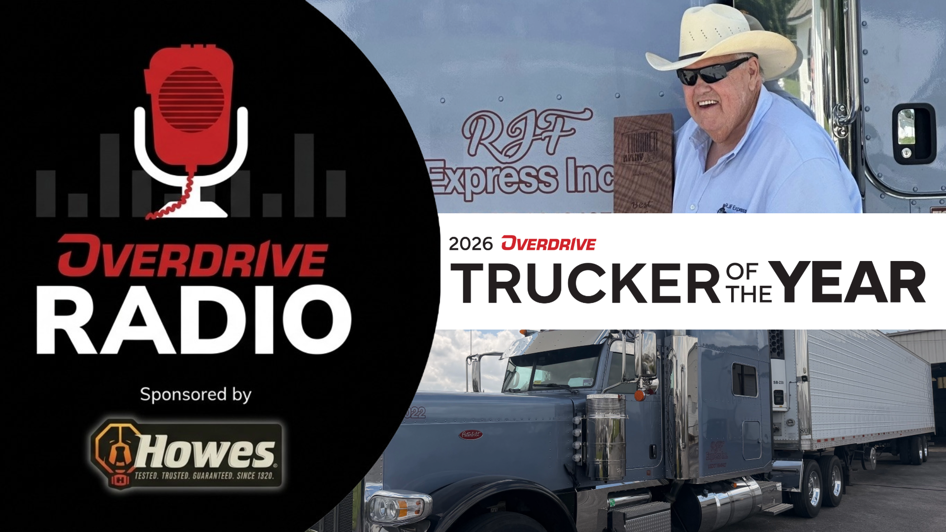 Overdrive Radio logo with microphone icon and 2026 Overdrive Trucker of the Year award featuring professional truck driver