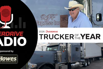 Overdrive Radio logo with microphone icon and 2026 Overdrive Trucker of the Year award featuring professional truck driver