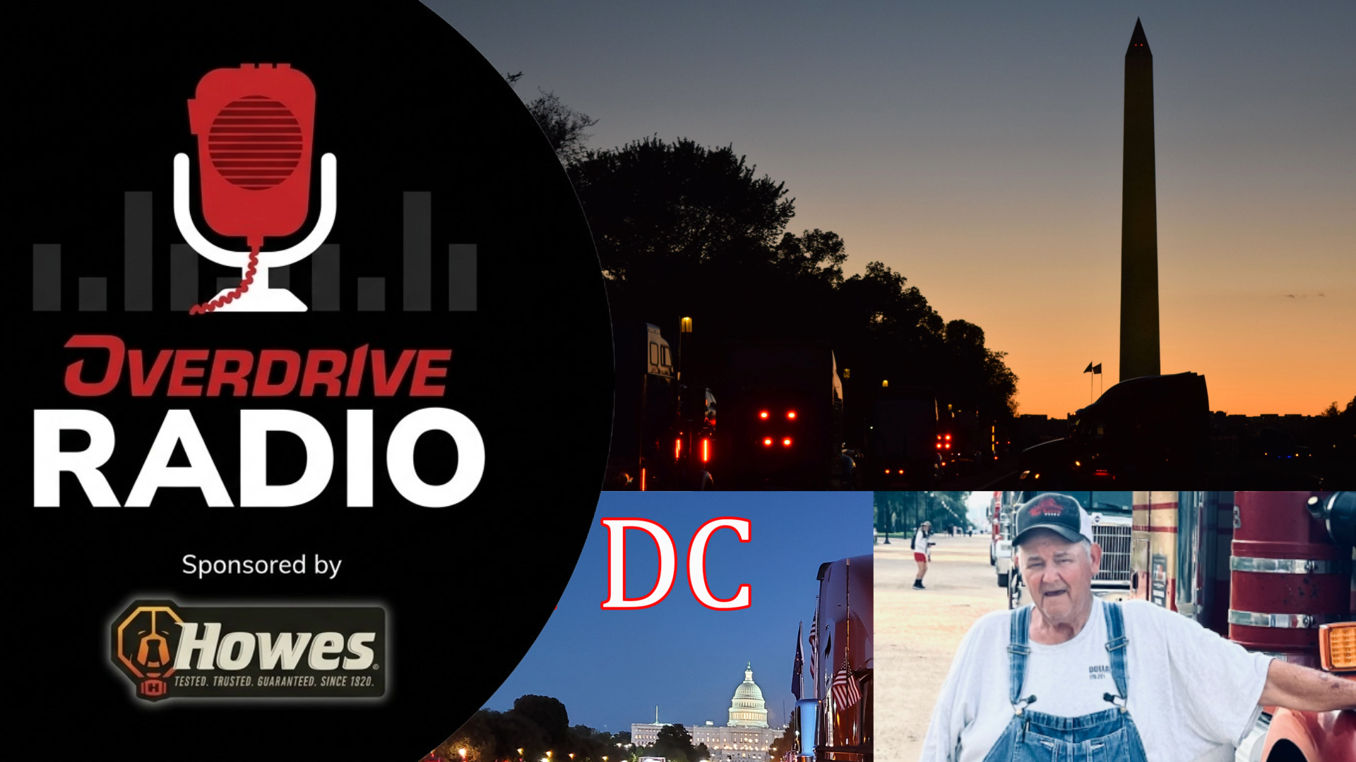 Overdrive Radio logo with red microphone icon and audio waves, sponsored by Howes, featuring DC cityscape with Washington Monument and person in casual attire