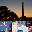 Overdrive Radio logo with red microphone icon and audio waves, sponsored by Howes, featuring DC cityscape with Washington Monument and person in casual attire