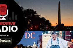 Overdrive Radio logo with red microphone icon and audio waves, sponsored by Howes, featuring DC cityscape with Washington Monument and person in casual attire