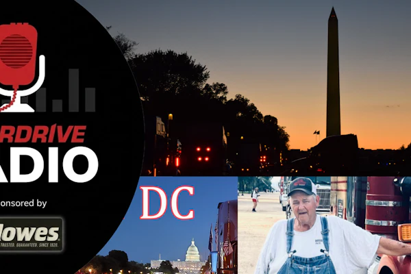 Overdrive Radio logo with red microphone icon and audio waves, sponsored by Howes, featuring DC cityscape with Washington Monument and person in casual attire