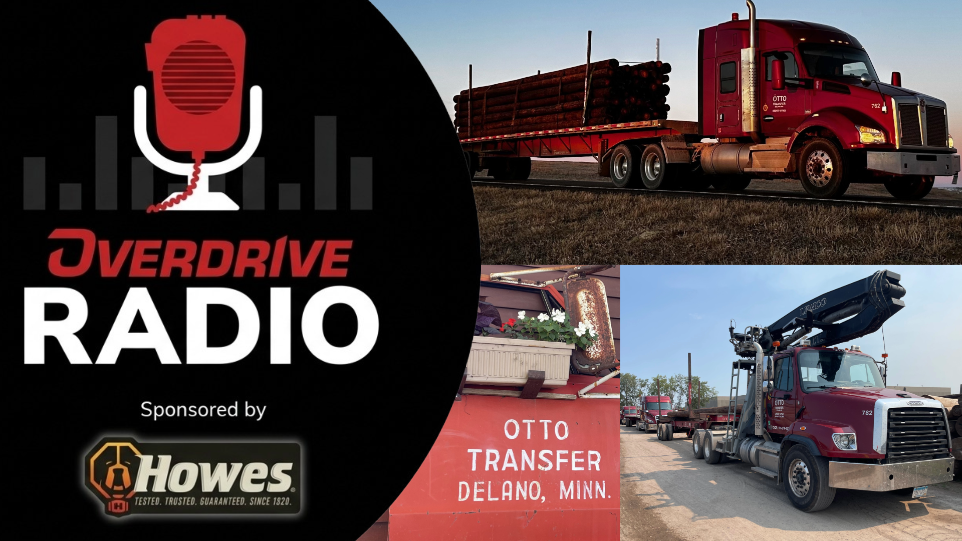 Overdrive Radio logo with red microphone icon and audio waves, sponsored by Howes, featuring transportation industry imagery