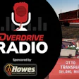 Overdrive Radio logo with red microphone icon and audio waves, sponsored by Howes, featuring transportation industry imagery