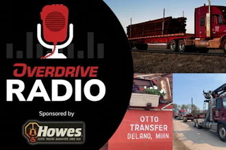 Overdrive Radio logo with red microphone icon and audio waves, sponsored by Howes, featuring transportation industry imagery