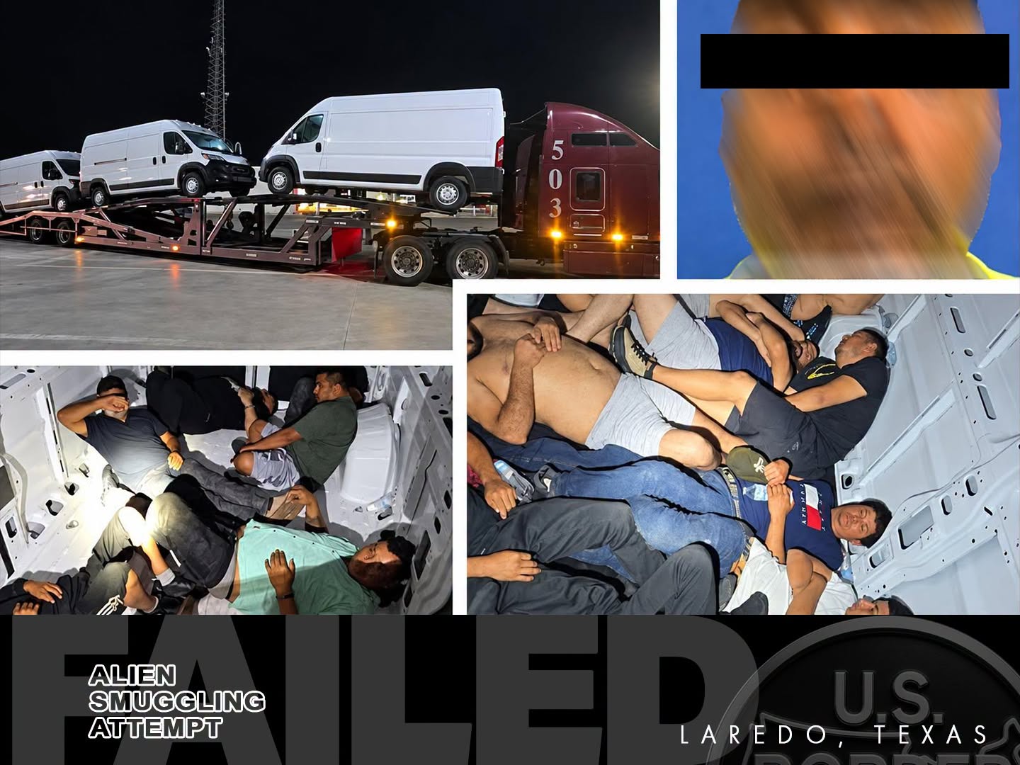 Documentation of alien smuggling attempt in Laredo, Texas showing transport vehicles and overcrowded conditions inside cargo areas