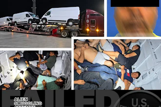 Documentation of alien smuggling attempt in Laredo, Texas showing transport vehicles and overcrowded conditions inside cargo areas